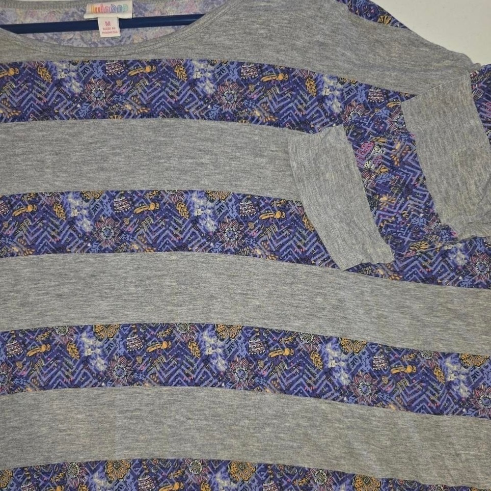 LuLaRoe Irma Tunic Top Womens Medium Purple Floral Chevron Striped Grey Tee
